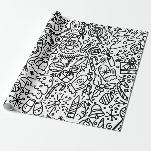 SCHWARZE UND WEISSE CHRISTMAS DOODLE WRAPPING PAP GESCHENKPAPIER (Ungerollt)