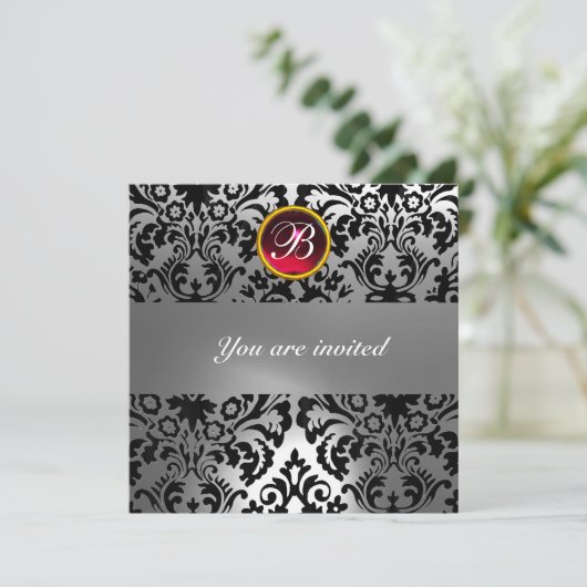 SCHWARZE UND WEISSE DAMASK GEM STEIN MONOGRAMM rot Einladung (Stehend Vorderseite)