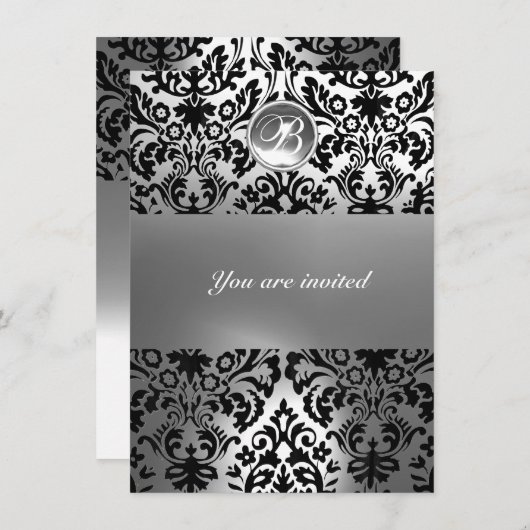 SCHWARZE UND WEISSE DAMASK GEM STEINMONOGRAMM EINLADUNG (Vorne/Hinten)