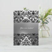 SCHWARZE UND WEISSE DAMASK GEM STEINMONOGRAMM EINLADUNG (Stehend Vorderseite)