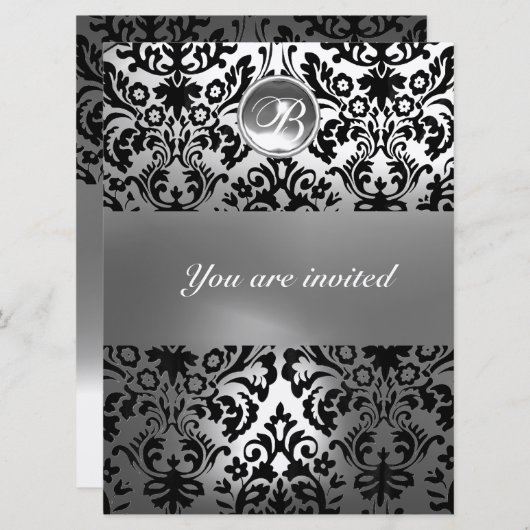 SCHWARZE UND WEISSE DAMASK GEM STEINMONOGRAMM EINLADUNG (Vorne/Hinten)