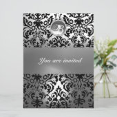 SCHWARZE UND WEISSE DAMASK GEM STEINMONOGRAMM EINLADUNG (Stehend Vorderseite)