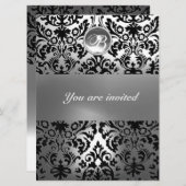 SCHWARZE UND WEISSE DAMASK GEM STEINMONOGRAMM EINLADUNG (Vorne/Hinten)