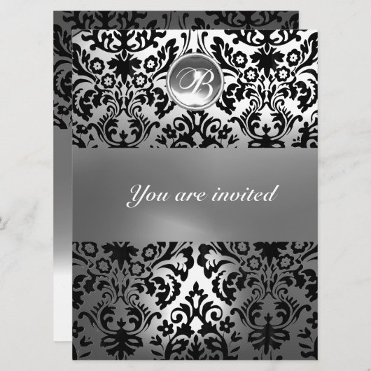 SCHWARZE UND WEISSE DAMASK GEM STEINMONOGRAMM EINLADUNG (Vorne/Hinten)