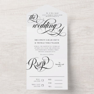 Schwarze und weiße elegante Schwünge Hochzeit All In One Einladung