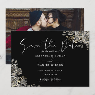 Schwarze und weiße gotische Blumen-Hochzeitsfoto Save The Date