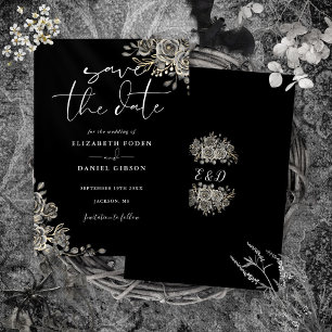 Schwarze und weiße gotische Blumen-Monogramm-Hochz Save The Date