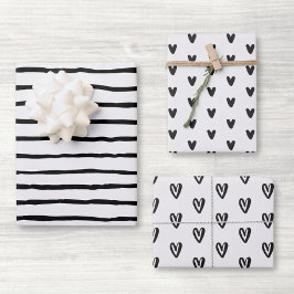 Schwarze und weiße Herzen und Linien Geschenkpapier Set