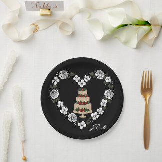 Schwarze und weiße Hochzeitsteller – Florales Herz Pappteller