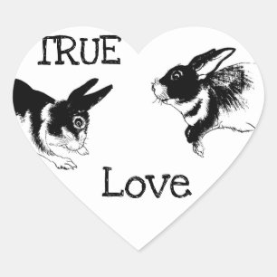Schwarze und weiße Kaninchen, "TRUE LOVE" Herzsti Herz-Aufkleber