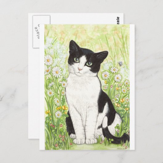 Schwarze und Weiße Katze mit Gänse Postkarte (Vorne/Hinten)