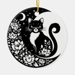 Schwarze und Weiße Katze Mond Fenster Sonnenschutz Keramik Ornament