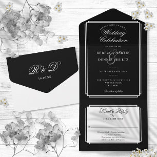 Schwarze und weiße klassische Deco-Monogramm-Hochz All In One Einladung