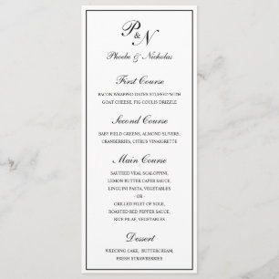 Schwarze und weiße klassische elegante Hochzeit Menükarte