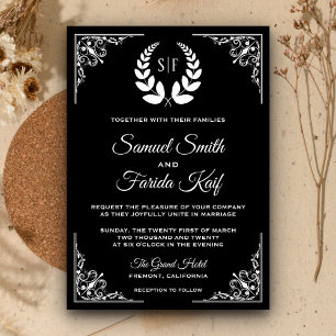 Schwarze und weiße Lorbeer-Monogramm-Hochzeitseinl Einladung