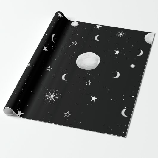 Schwarze und weiße Mond und Sterne Geschenkpapier (Ungerollt)