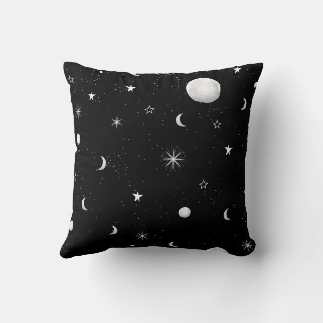Schwarze und weiße Mond und Sterne Kissen (Rückseite)