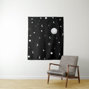 Schwarze und weiße Mond und Sterne Wandteppich