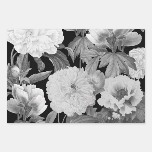 Schwarze und weiße Peonfarben Wasserfarben Geschenkpapier Set (Vorderseite)