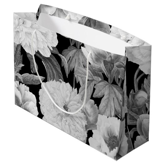 Schwarze und weiße Peonfarben Wasserfarben Große Geschenktüte (Rückseite Schrägansicht)
