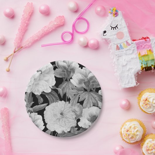 Schwarze und weiße Peonfarben Wasserfarben Pappteller (Party)