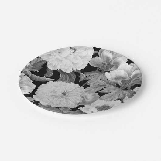 Schwarze und weiße Peonfarben Wasserfarben Pappteller (Schrägansicht)