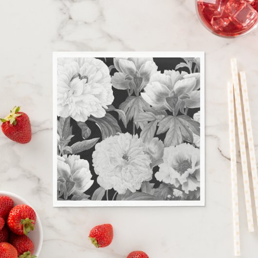 Schwarze und weiße Peonfarben Wasserfarben Serviette (Beispiel)