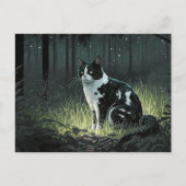 Schwarze und weiße Piebaldkat im Wald Postkarte (Vorderseite)