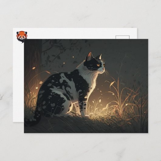 Schwarze und weiße Piebaldkat im Wald Postkarte (Vorne/Hinten)