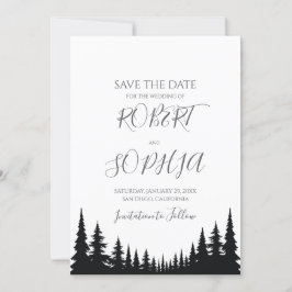 Schwarze und weiße Pinienbäume Winterhochzeit Save The Date