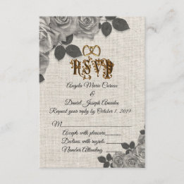 Schwarze und weiße Rosen auf Leinen-Hochzeits-RSVP Einladung