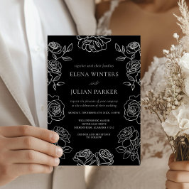 Schwarze und weiße Rosen Elegante Hochzeitsblumen Einladung