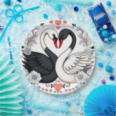 Schwarze und weiße Schwäne, umgeben von Blumendesi Pappteller (Party)