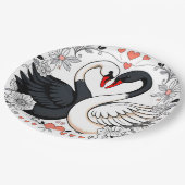 Schwarze und weiße Schwäne, umgeben von Blumendesi Pappteller (Schrägansicht)