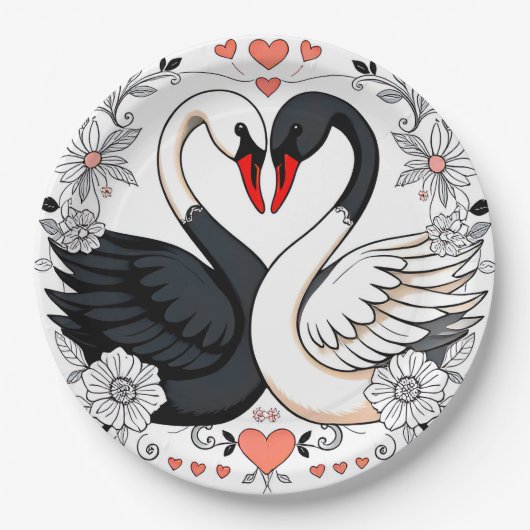 Schwarze und weiße Schwäne, umgeben von Blumendesi Pappteller (Vorderseite)