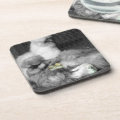 Schwarze und weiße Silkie-Hühner mit gelben Hühner Untersetzer (Linke Seite)