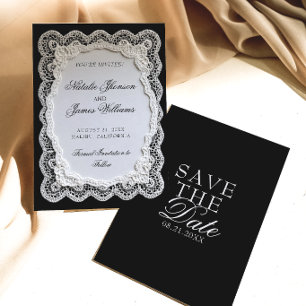 Schwarze und weiße Spitzen-Doily Hochzeit im Stil Save The Date