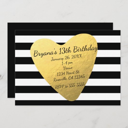 Schwarze und weiße Streifen Chic Herz Party Einlad Einladung (Vorne/Hinten)