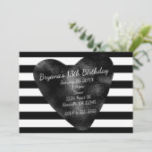 Schwarze und weiße Streifen Chic Herz Party Einlad Einladung (Stehend Vorderseite)