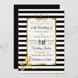 Schwarze und weiße Streifen Gold Hochzeitseinladun Einladung