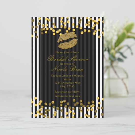Schwarze und weiße Streifen Gold Lippen Kuss Einladung (Stehend Vorderseite)