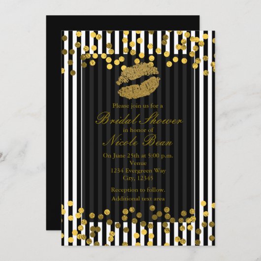 Schwarze und weiße Streifen Gold Lippen Kuss Einladung (Vorne/Hinten)