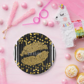 Schwarze und weiße Streifen Gold Lippen Kuss Pappteller (Party)