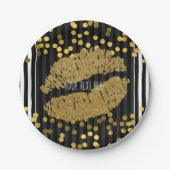 Schwarze und weiße Streifen Gold Lippen Kuss Pappteller (Vorderseite)