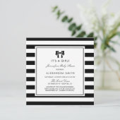 Schwarze und weiße Streifen mit Bow Baby Dusche Einladung (Stehend Vorderseite)