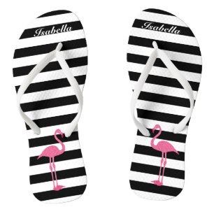Schwarze und weiße Streifen mit 🦩 rosa Flaming Badesandalen