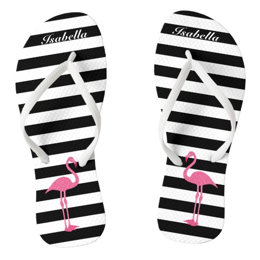 Schwarze und weiße Streifen mit 🦩 rosa Flamingo Badesandalen (Fußbett)