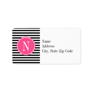 Schwarze und weiße Streifen mit rosa Monogramm Adressaufkleber