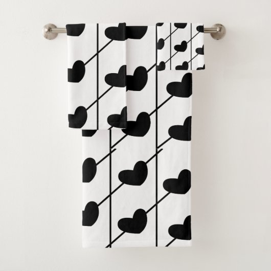 Schwarze und weiße Streifen mit schwarzen Herzen Badhandtuch Set (Insitu)
