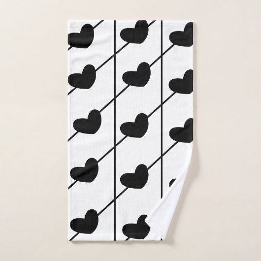 Schwarze und weiße Streifen mit schwarzen Herzen Badhandtuch Set (Handtuch)